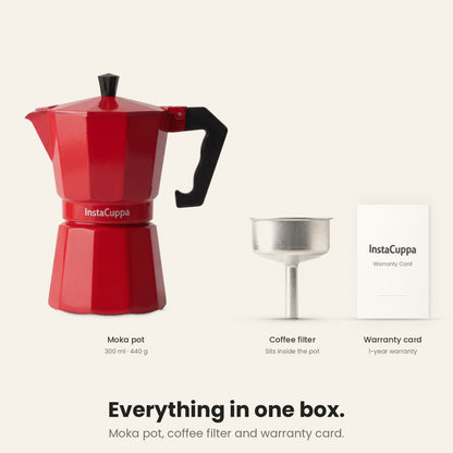 InstaCuppa Aluminium Moka Pot 300 ml - Red - everything in one box: the moka pot, the coffee filter that sits inside it, and a warranty card