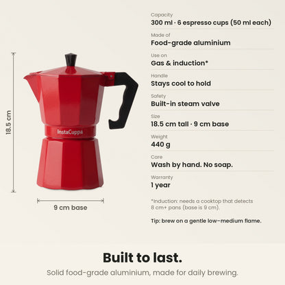 InstaCuppa Aluminium Moka Pot 300 ml - Red - built to last: 300 ml makes 6 moka cups of 50 ml each, food-grade aluminium, stays cool to hold, built-in steam valve, 18.5 cm tall, 9 cm base, 440 g, wash by hand with no soap, 1-year warranty; induction needs a cooktop that detects 8 cm+ pans