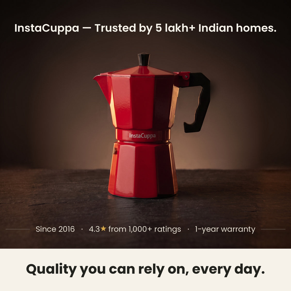 InstaCuppa Aluminium Moka Pot 300 ml - Red - trusted by 5 lakh+ Indian homes since 2016, with a 1-year warranty