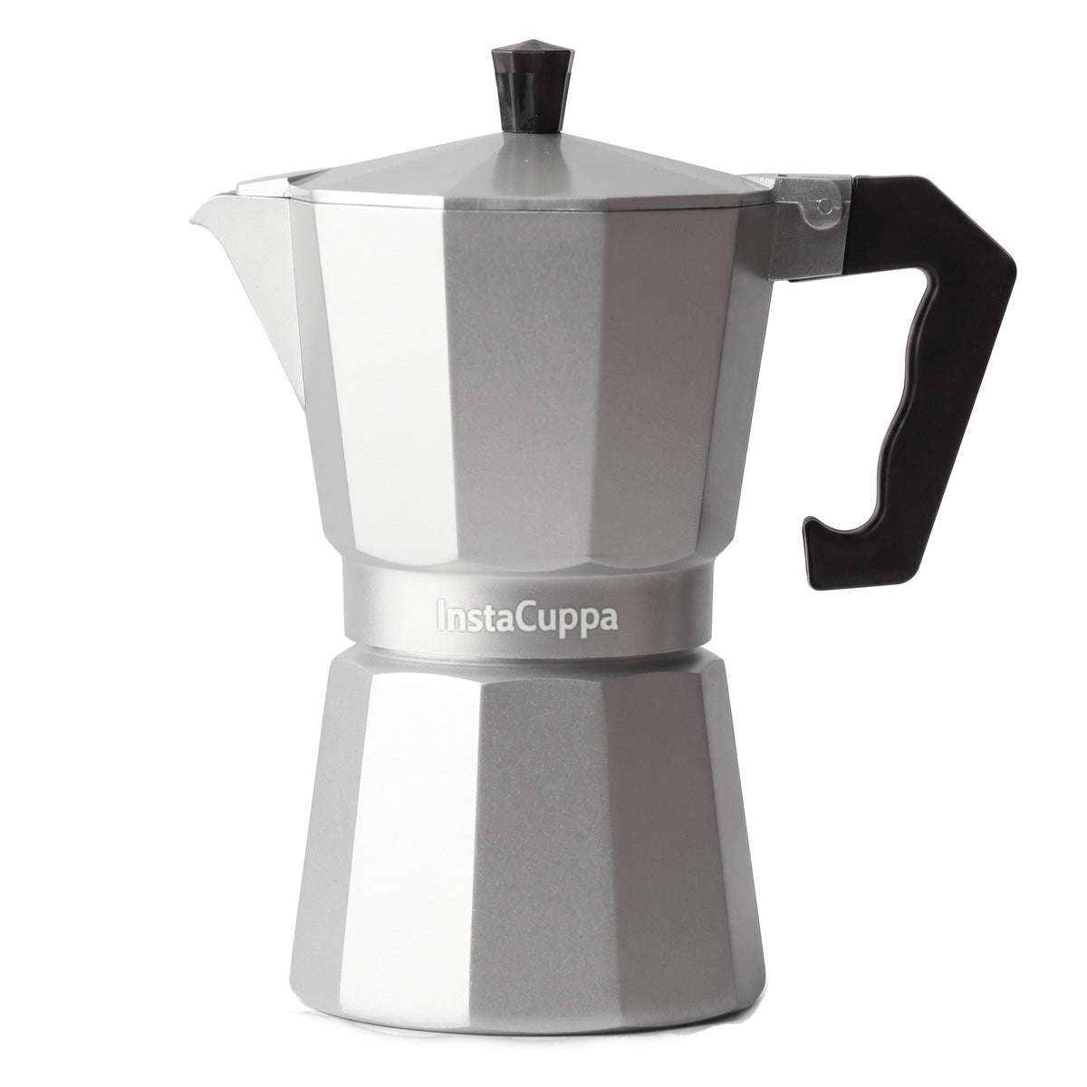 InstaCuppa Aluminium Moka Pot 300 ml - Silver - aluminium moka pot in satin silver, 300 ml, front view on a white background