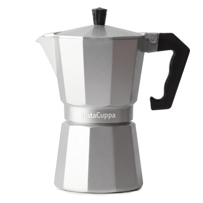 InstaCuppa Aluminium Moka Pot 300 ml - Silver - aluminium moka pot in satin silver, 300 ml, front view on a white background
