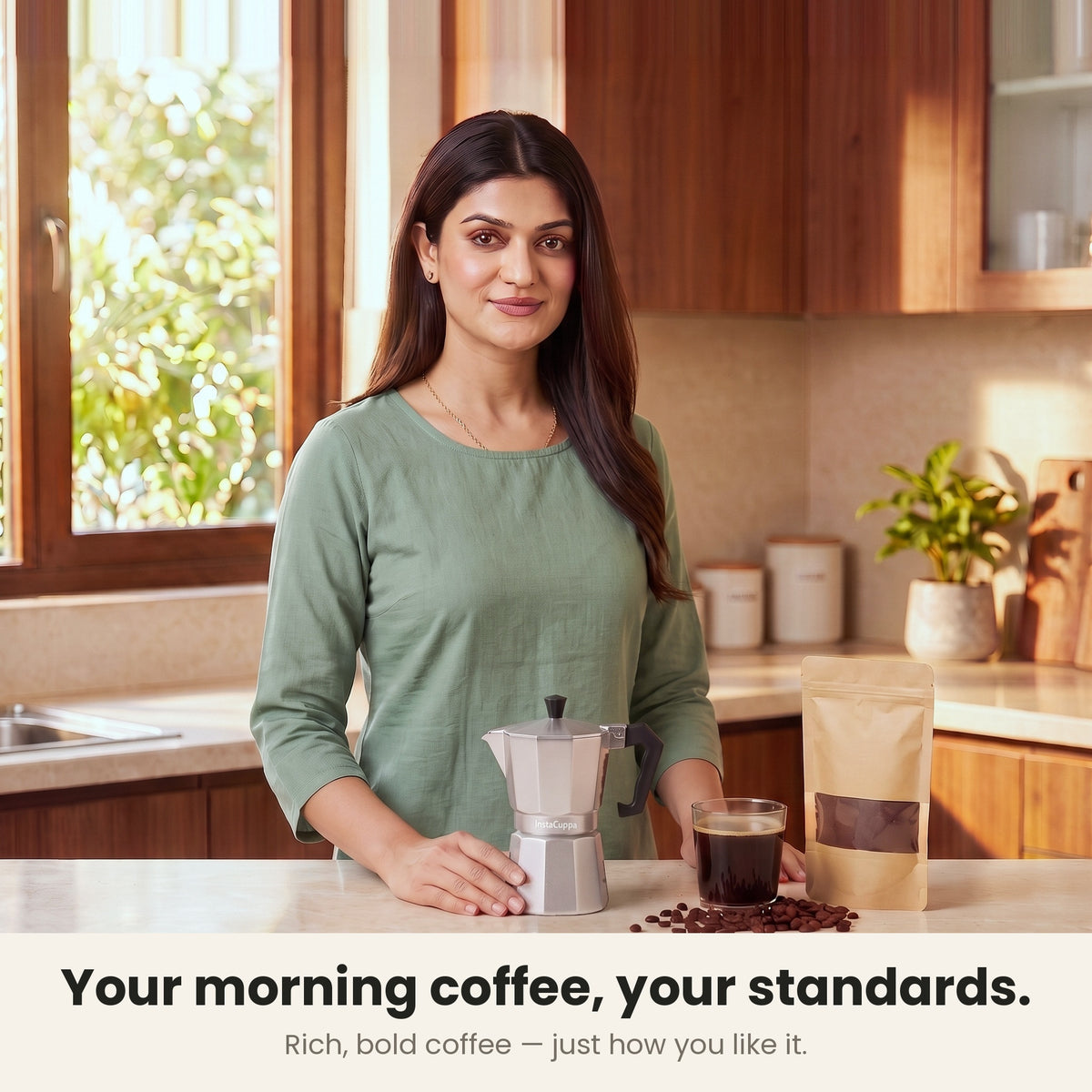 InstaCuppa Aluminium Moka Pot 300 ml - Silver - your morning coffee, your standards: a woman in her kitchen with the moka pot and a glass of rich, bold coffee