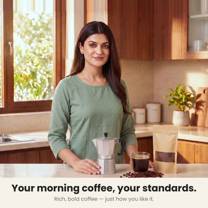 InstaCuppa Aluminium Moka Pot 300 ml - Silver - your morning coffee, your standards: a woman in her kitchen with the moka pot and a glass of rich, bold coffee