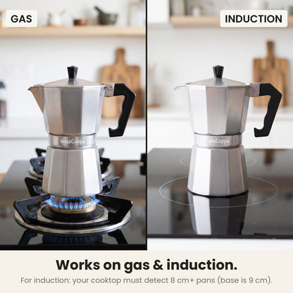InstaCuppa Aluminium Moka Pot 300 ml - Silver - works on gas and induction: on a gas flame, and on an induction cooktop that must detect 8 cm+ pans (the base is 9 cm)