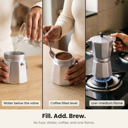 InstaCuppa Aluminium Moka Pot 300 ml - Silver - fill, add, brew: water below the valve, coffee filled level, a low-medium flame
