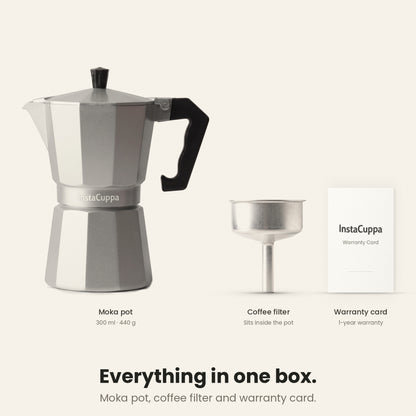 InstaCuppa Aluminium Moka Pot 300 ml - Silver - everything in one box: the moka pot, the coffee filter that sits inside it, and a warranty card