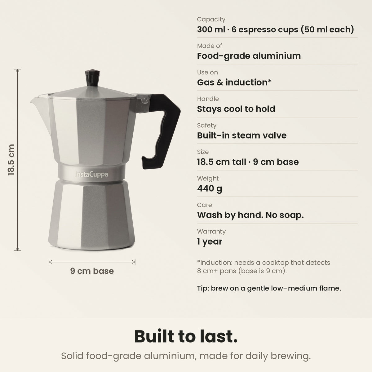 InstaCuppa Aluminium Moka Pot 300 ml - Silver - built to last: 300 ml makes 6 moka cups of 50 ml each, food-grade aluminium, stays cool to hold, built-in steam valve, 18.5 cm tall, 9 cm base, 440 g, wash by hand with no soap, 1-year warranty; induction needs a cooktop that detects 8 cm+ pans
