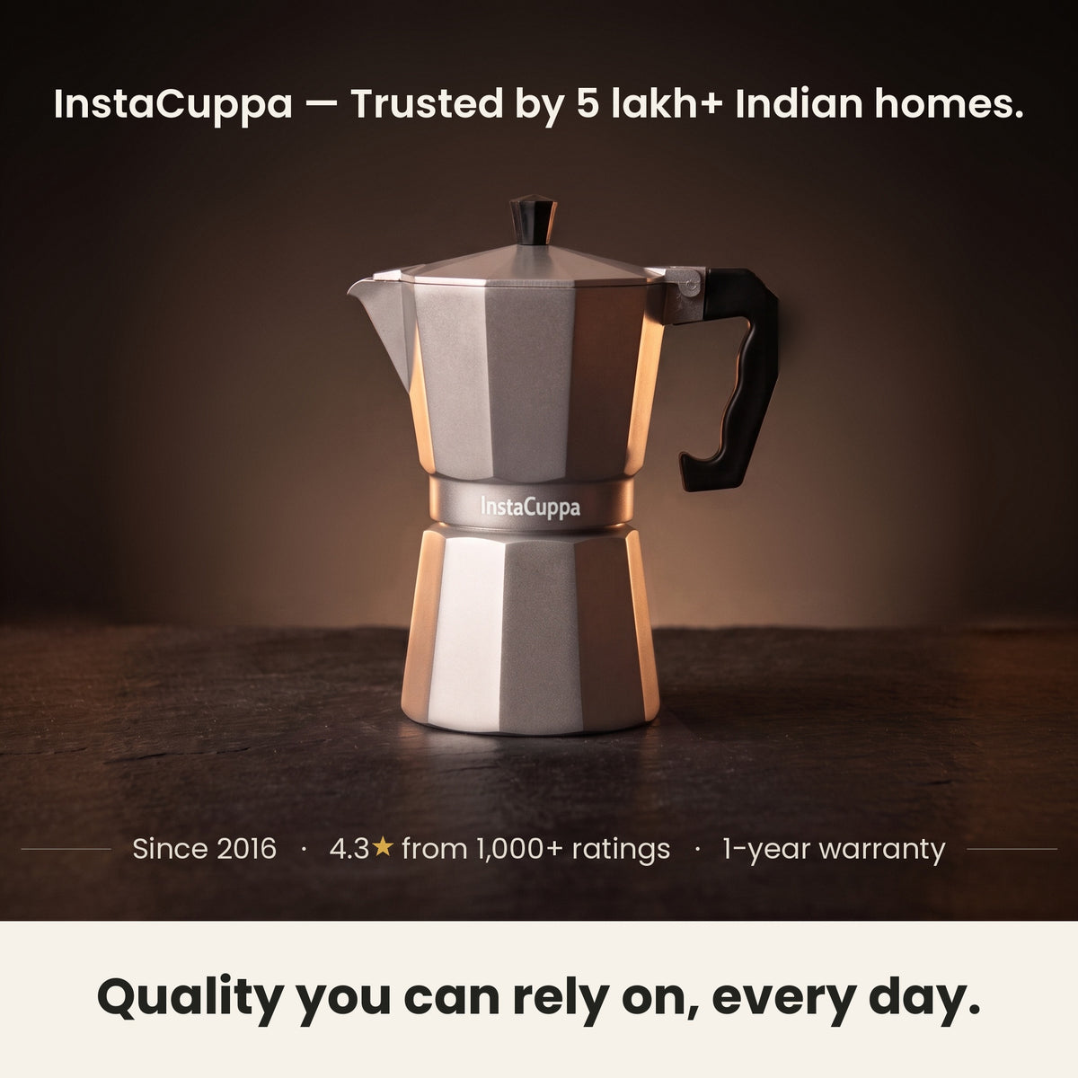 InstaCuppa Aluminium Moka Pot 300 ml - Silver - trusted by 5 lakh+ Indian homes since 2016, with a 1-year warranty