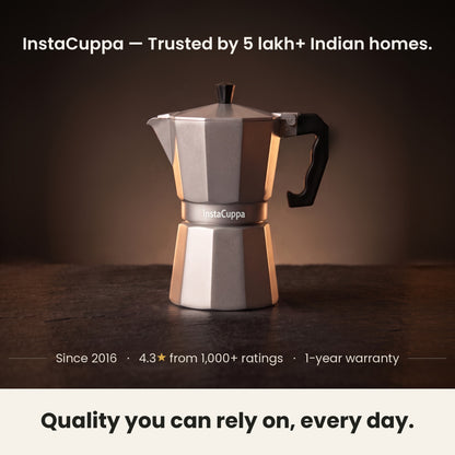 InstaCuppa Aluminium Moka Pot 300 ml - Silver - trusted by 5 lakh+ Indian homes since 2016, with a 1-year warranty
