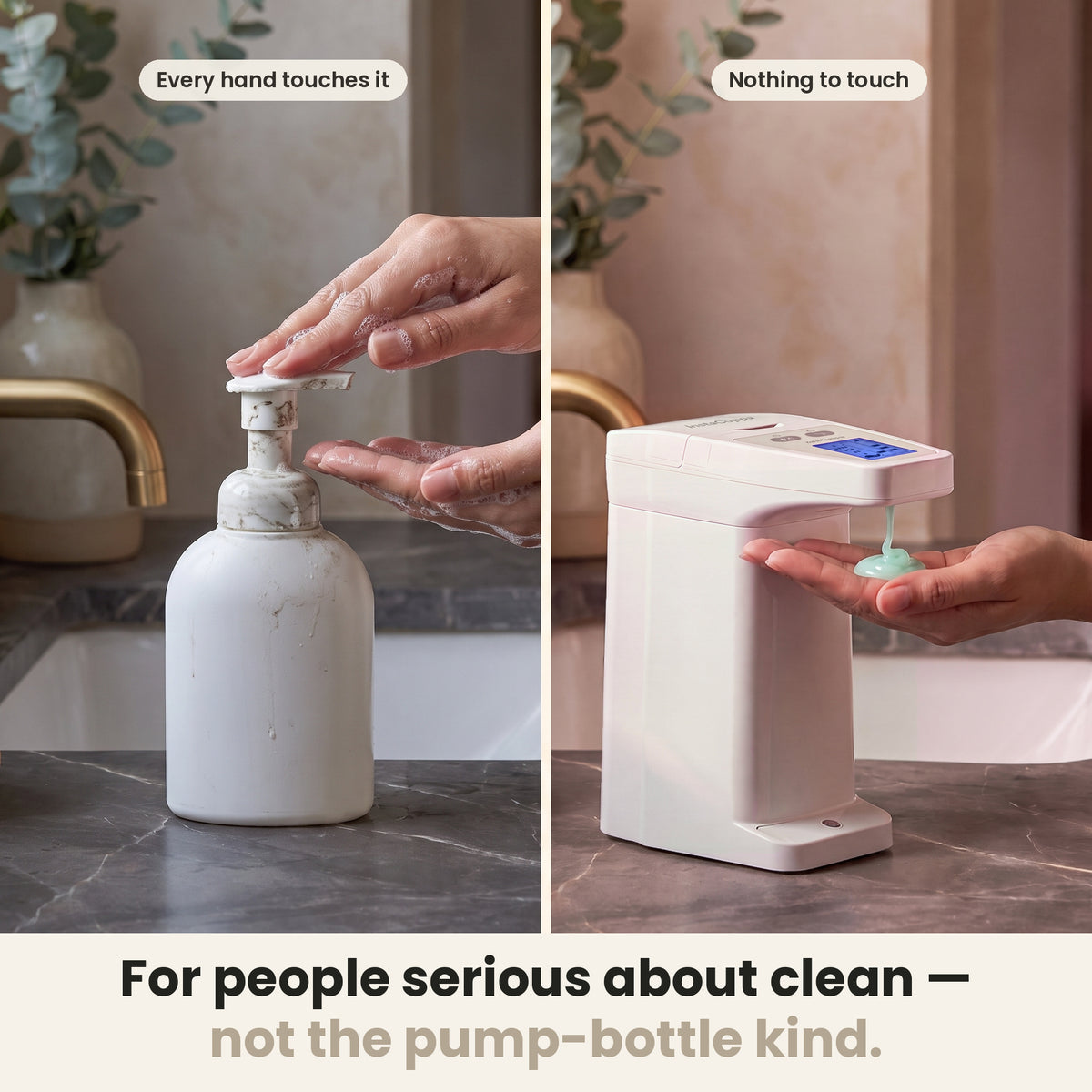 InstaCuppa Automatic Soap Dispenser 350 ml - for people serious about clean, not the pump-bottle kind: a grimy pump bottle every hand touches vs nothing to touch