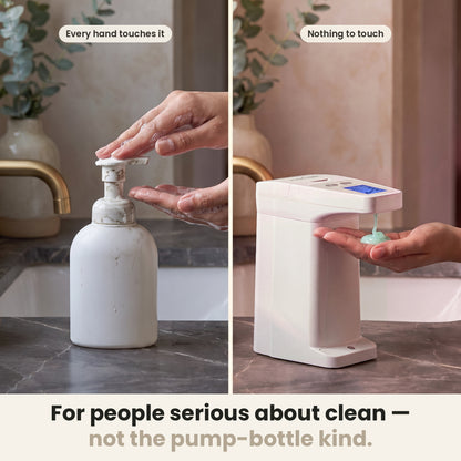 InstaCuppa Automatic Soap Dispenser 350 ml - for people serious about clean, not the pump-bottle kind: a grimy pump bottle every hand touches vs nothing to touch