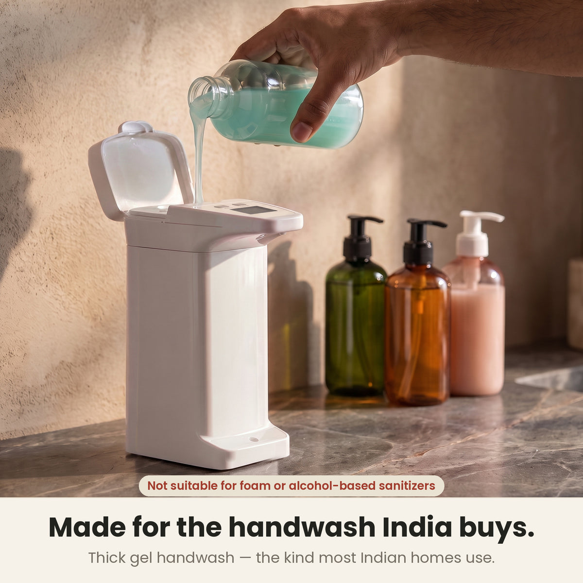 InstaCuppa Automatic Soap Dispenser 350 ml - made for the handwash India buys: thick gel handwash poured in through the flip lid; not for foam or alcohol sanitiser