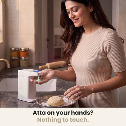 InstaCuppa Automatic Soap Dispenser 350 ml - atta on your hands? Nothing to touch: gel dispensed into a hand while kneading dough in the kitchen