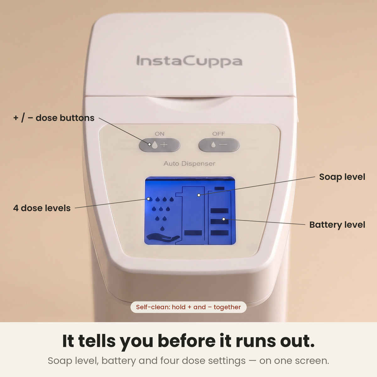 InstaCuppa Automatic Soap Dispenser 350 ml - it tells you before it runs out: LCD shows soap level, battery level and 4 dose levels, with + and - dose buttons