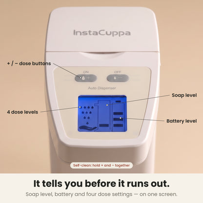InstaCuppa Automatic Soap Dispenser 350 ml - it tells you before it runs out: LCD shows soap level, battery level and 4 dose levels, with + and - dose buttons