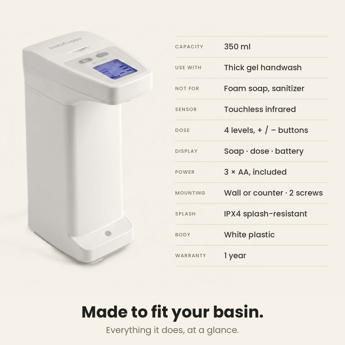InstaCuppa Automatic Soap Dispenser 350 ml - specifications: 350 ml, touchless infrared sensor, 4 dose levels, 3 AA included, wall or counter, IPX4 splash-resistant