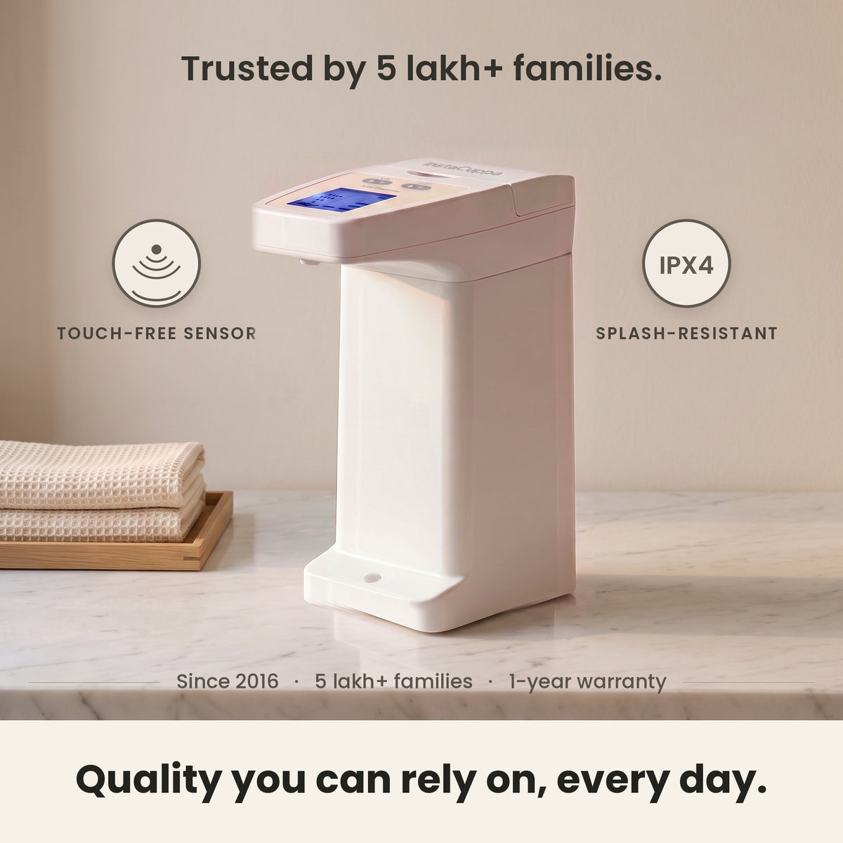 InstaCuppa Automatic Soap Dispenser 350 ml - trusted by 5 lakh+ families since 2016, touch-free sensor, IPX4 splash-resistant, 1-year warranty