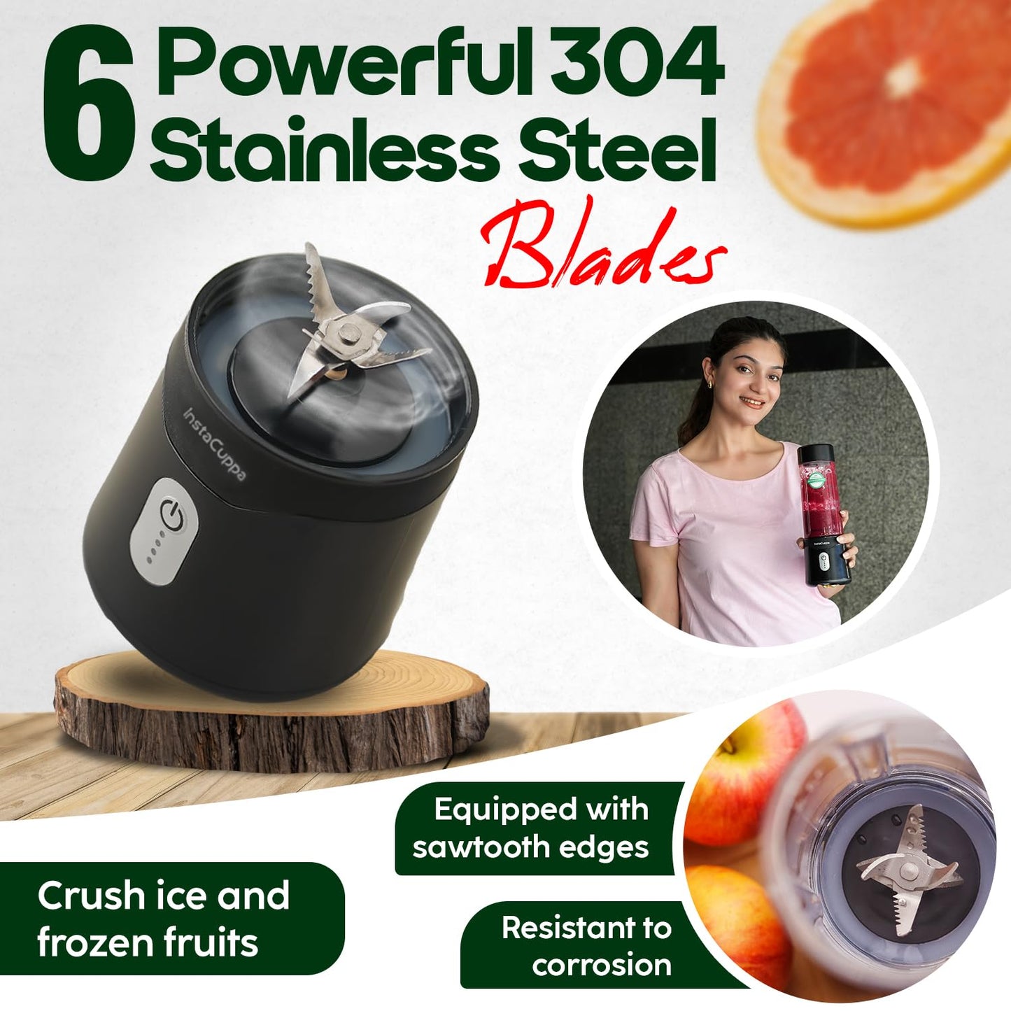 InstaCuppa portable blender version 2 with 6 sawtooth 304 stainless steel blades that crush ice and frozen fruits