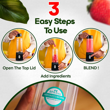 InstaCuppa portable blender version 2 in 3 easy steps - open lid add ingredients and blend BPA-free PCTG jar