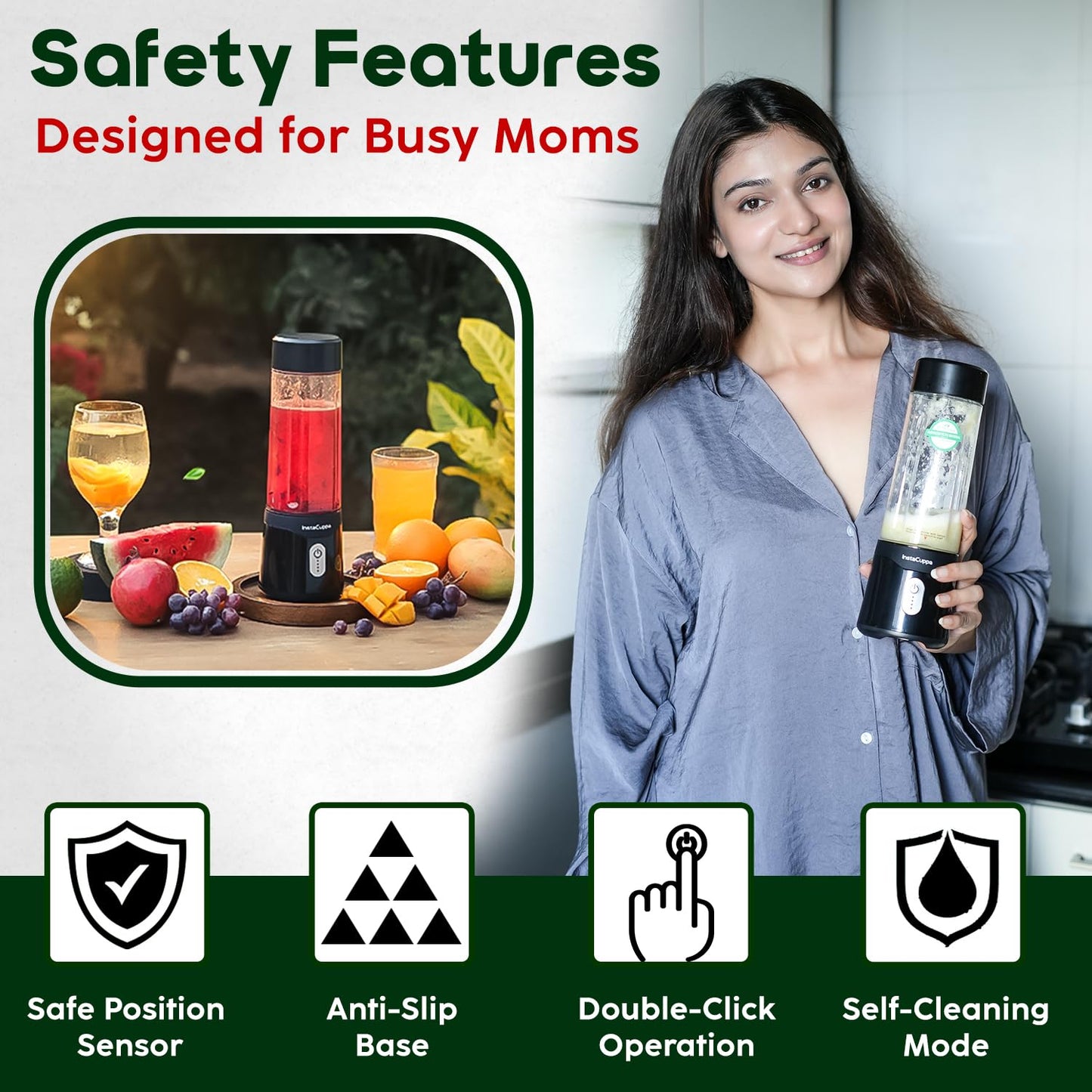 InstaCuppa portable blender version 2 safety features - position sensor anti-slip base double-click and self-cleaning