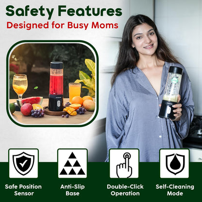 InstaCuppa portable blender version 2 safety features - position sensor anti-slip base double-click and self-cleaning