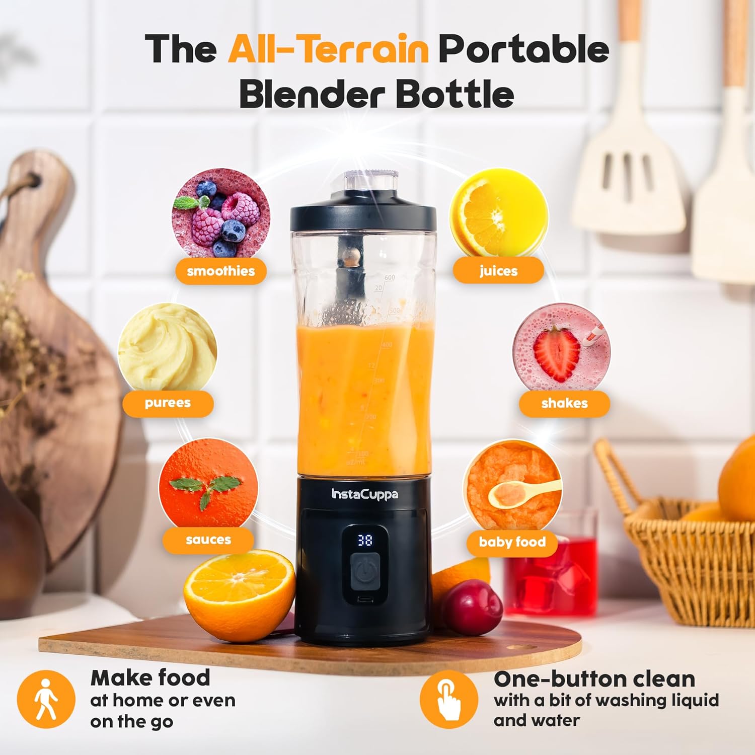 InstaCuppa portable blender version 3 making smoothies juices shakes purees sauces and baby food - one-button self-clean