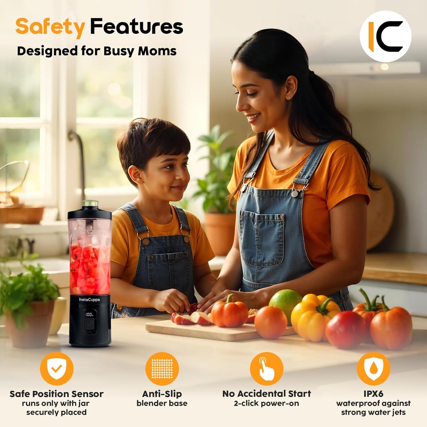 InstaCuppa portable blender version 3 with mom and child in kitchen - safe position sensor anti-slip base IPX6 waterproof