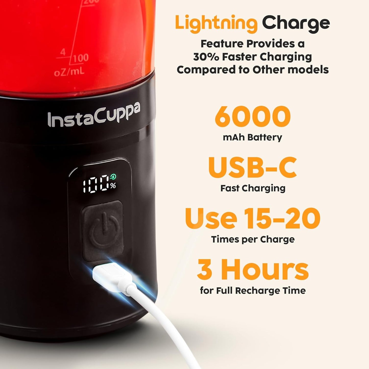 InstaCuppa portable blender version 3 LED display at 100 percent on USB-C charge - 6000 mAh 15 to 20 blends 3-hour recharge