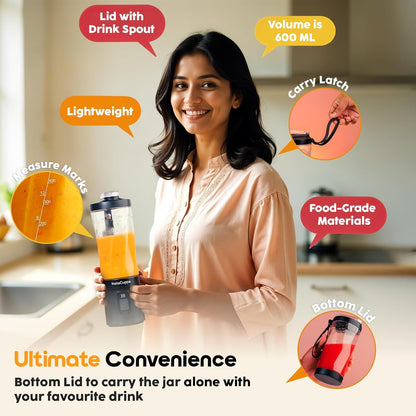 InstaCuppa portable blender version 3 held by woman - lid with drink spout carry latch 600 ML measure marks detachable bottom