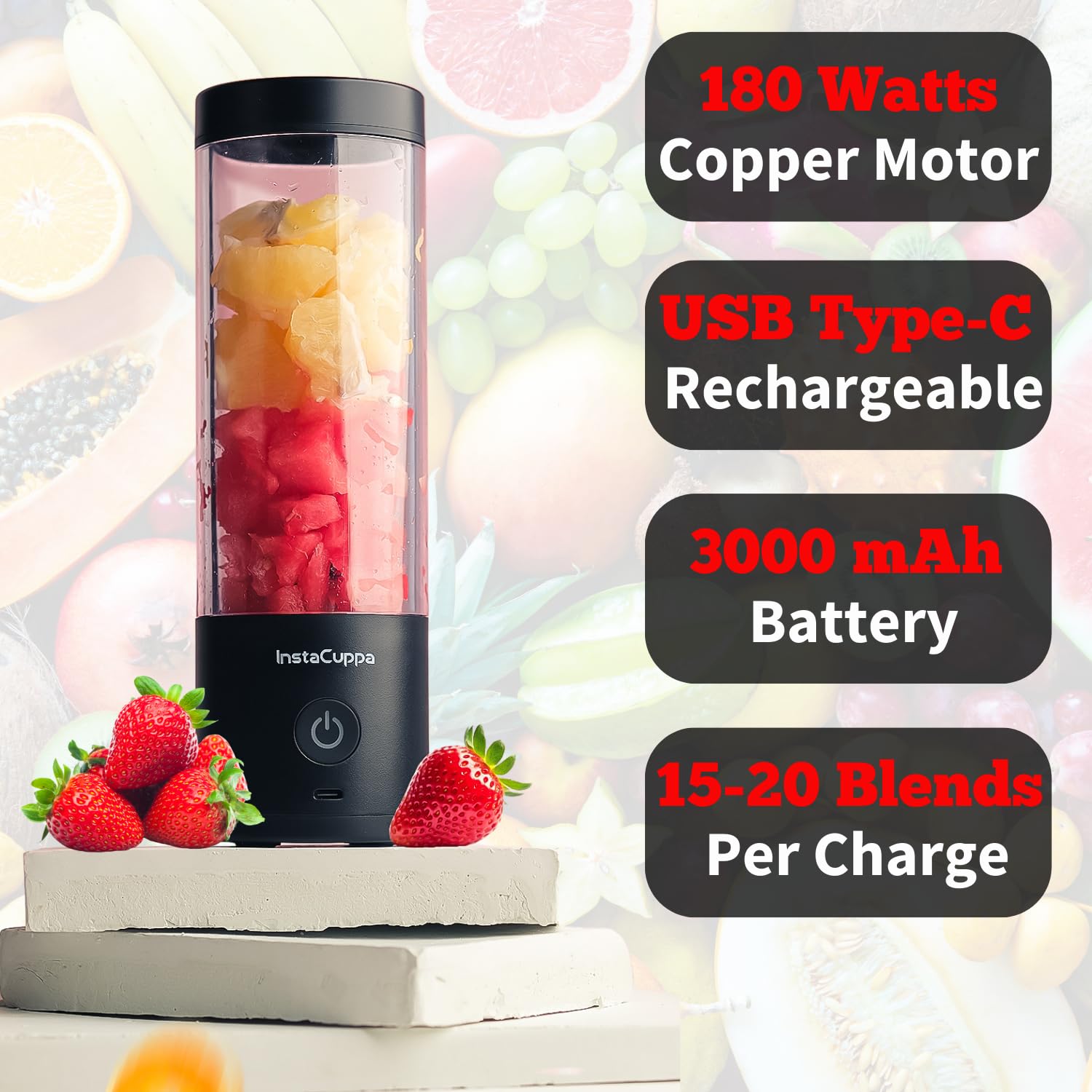 InstaCuppa portable blender version 4 specs - 180W copper motor, USB Type-C, 3000 mAh battery, 15-20 blends per charge