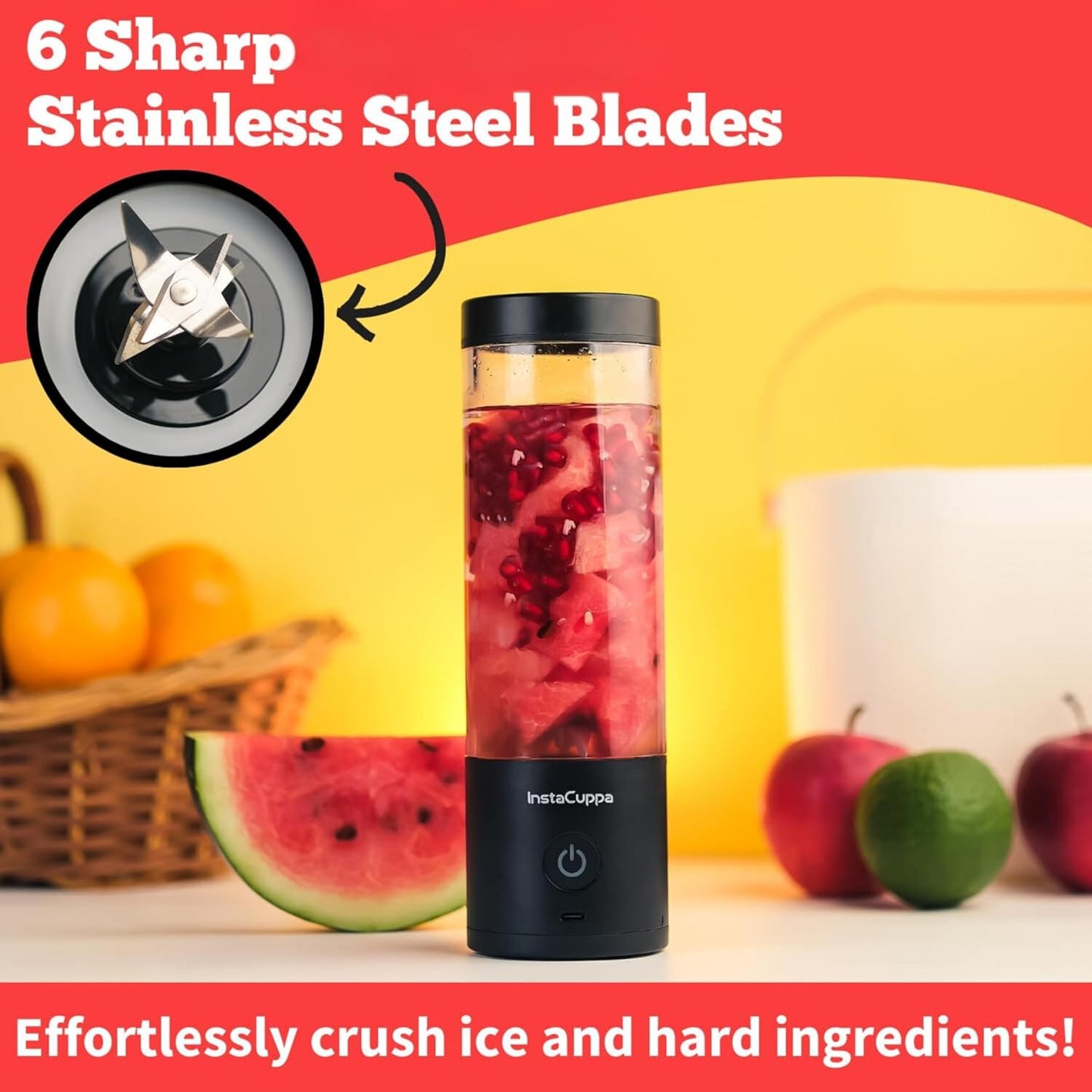 InstaCuppa portable blender version 4 with 6 sharp stainless steel blades - crushes ice and hard fruit effortlessly