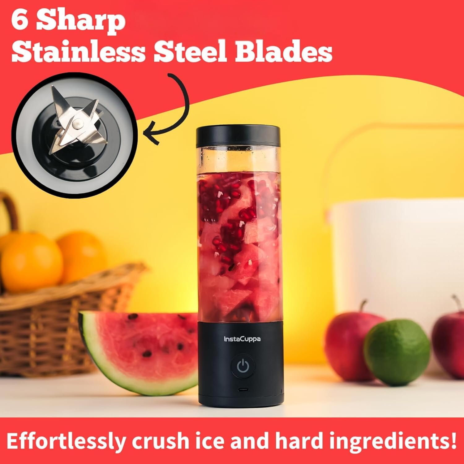 InstaCuppa portable blender version 4 with 6 sharp stainless steel blades - crushes ice and hard fruit effortlessly