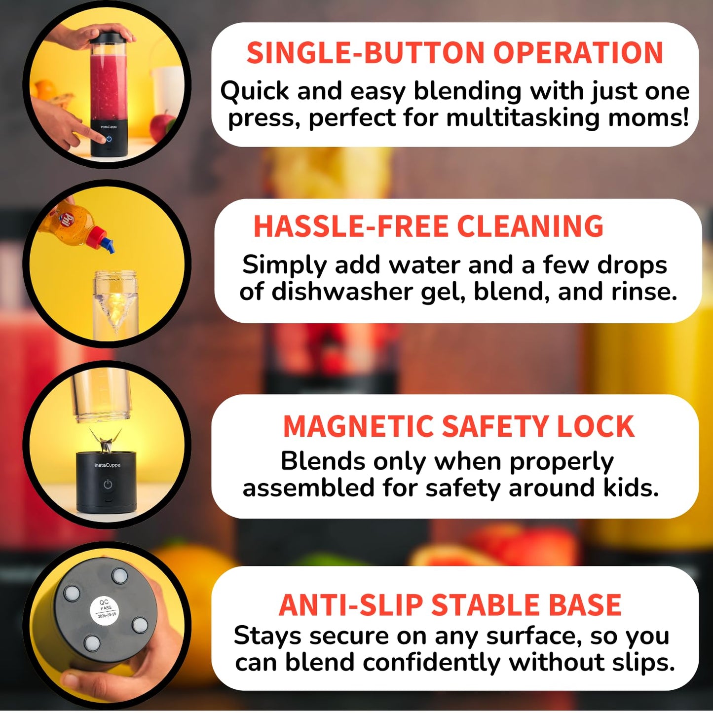 InstaCuppa portable blender version 4 features - single-button operation, easy cleaning, magnetic safety lock, anti-slip base