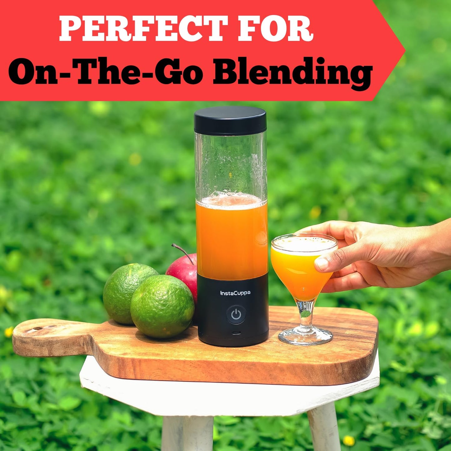 InstaCuppa portable blender version 4 for on-the-go blending - fresh juice outdoors with leak-proof slim travel design