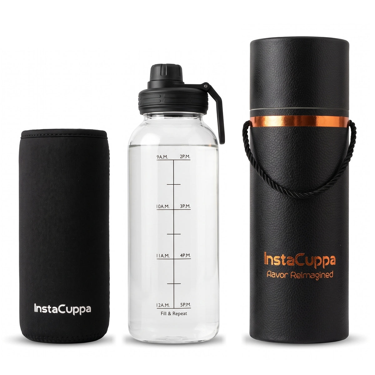 InstaCuppa Borosilicate Glass Water Bottle 1 Litre - Black - black neoprene sleeve, clear glass bottle with hour markings and sipper lid, and the black gift tube, on white