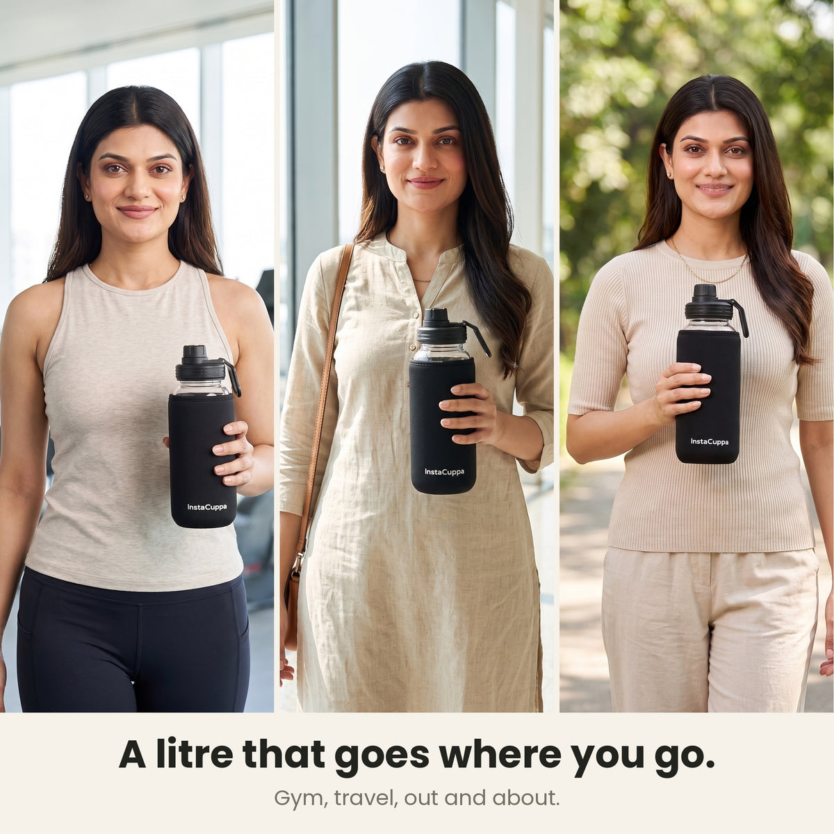 InstaCuppa Borosilicate Glass Water Bottle 1 Litre - Black - a litre that goes where you go: at the gym, travelling and out and about, sleeve on