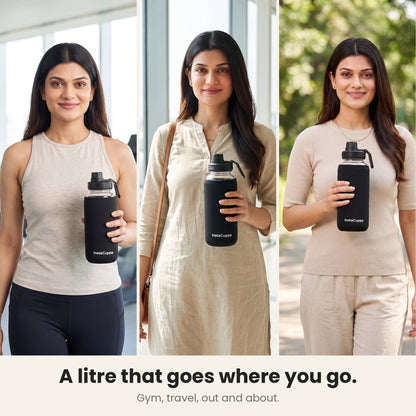 InstaCuppa Borosilicate Glass Water Bottle 1 Litre - Black - a litre that goes where you go: at the gym, travelling and out and about, sleeve on
