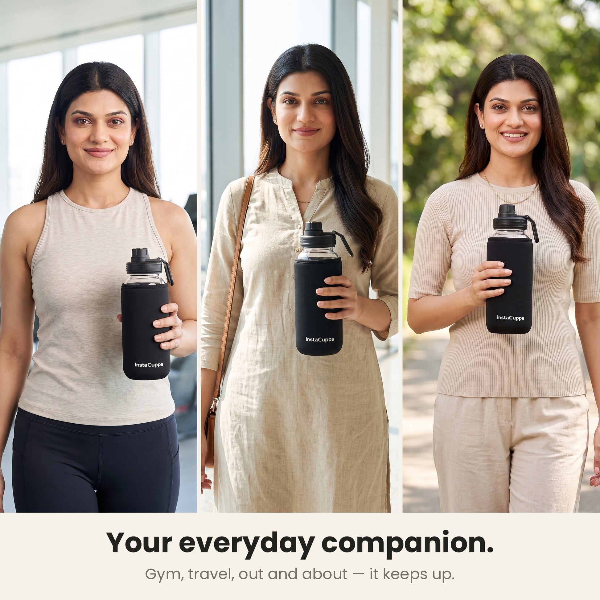 InstaCuppa Borosilicate Glass Water Bottle 1 Litre - Black - at the gym, travelling and outdoors