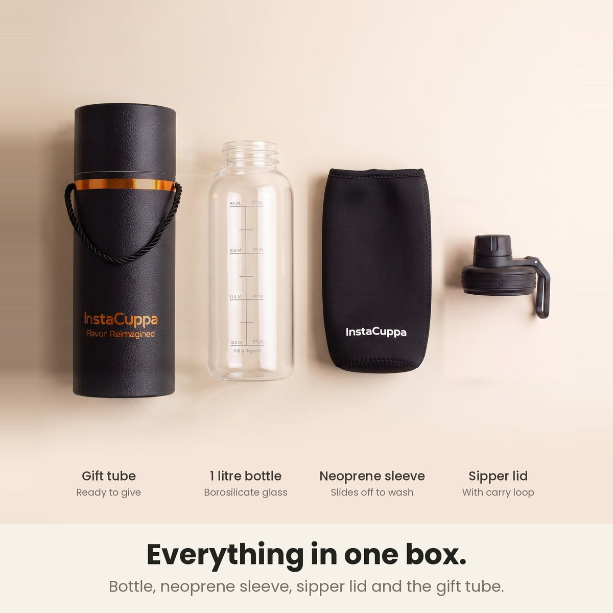 InstaCuppa Borosilicate Glass Water Bottle 1 Litre - Black - everything in one box: gift tube, 1 litre borosilicate glass bottle, neoprene sleeve and sipper lid with carry loop