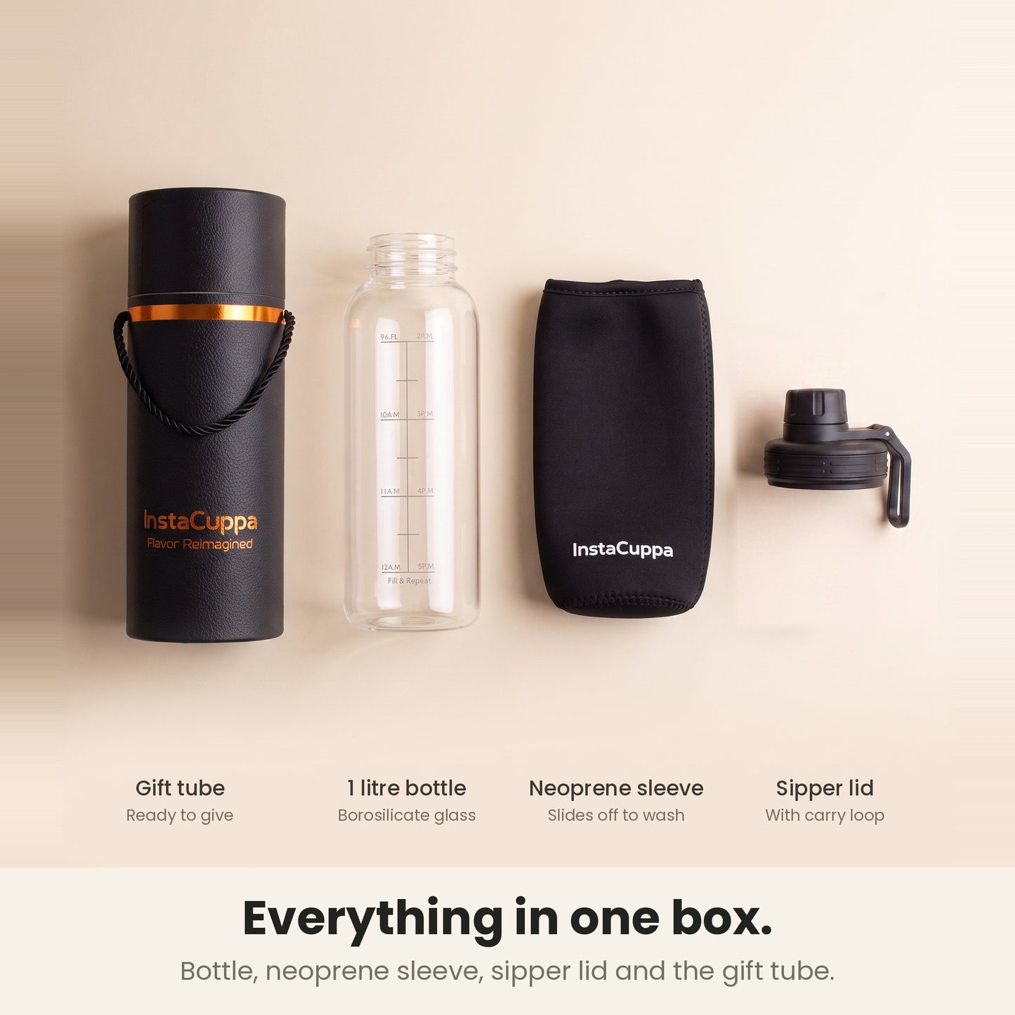InstaCuppa Borosilicate Glass Water Bottle 1 Litre - Black - bottle, sleeve, sipper lid and gift tube