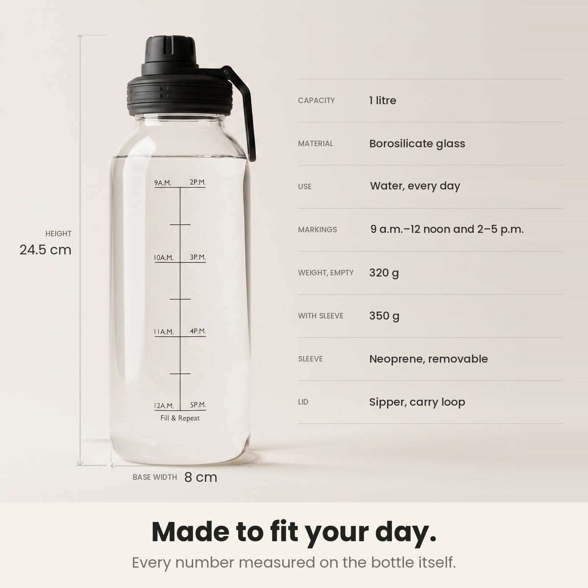 InstaCuppa Borosilicate Glass Water Bottle 1 Litre - Black - specifications: 1 litre, borosilicate glass, 24.5 cm tall, 8 cm base, 320 g empty, 350 g with sleeve