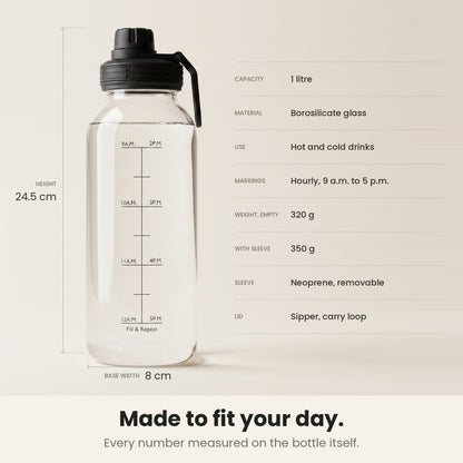 InstaCuppa Borosilicate Glass Water Bottle 1 Litre - Black - 24.5 cm tall, 8 cm base, 320 g empty
