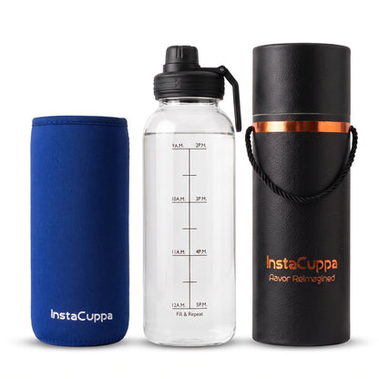 InstaCuppa Borosilicate Glass Water Bottle 1 Litre - Blue - sleeve, bottle and gift tube