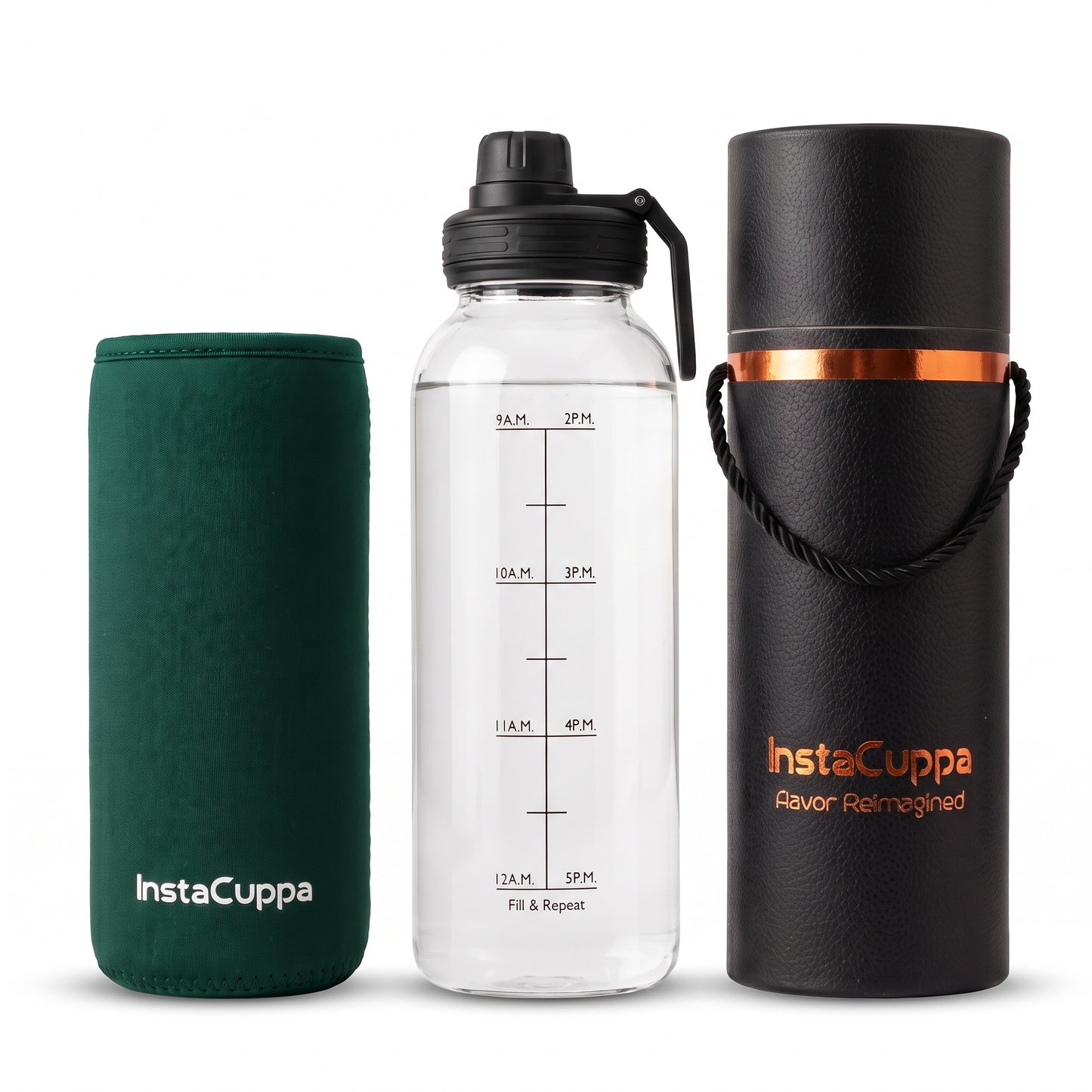 InstaCuppa Borosilicate Glass Water Bottle 1 Litre - Green - sleeve, bottle and gift tube