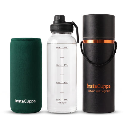 InstaCuppa Borosilicate Glass Water Bottle 1 Litre - Green - sleeve, bottle and gift tube