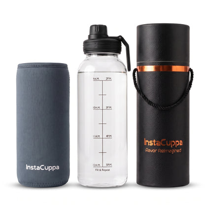 InstaCuppa Borosilicate Glass Water Bottle 1 Litre - Grey - sleeve, bottle and gift tube