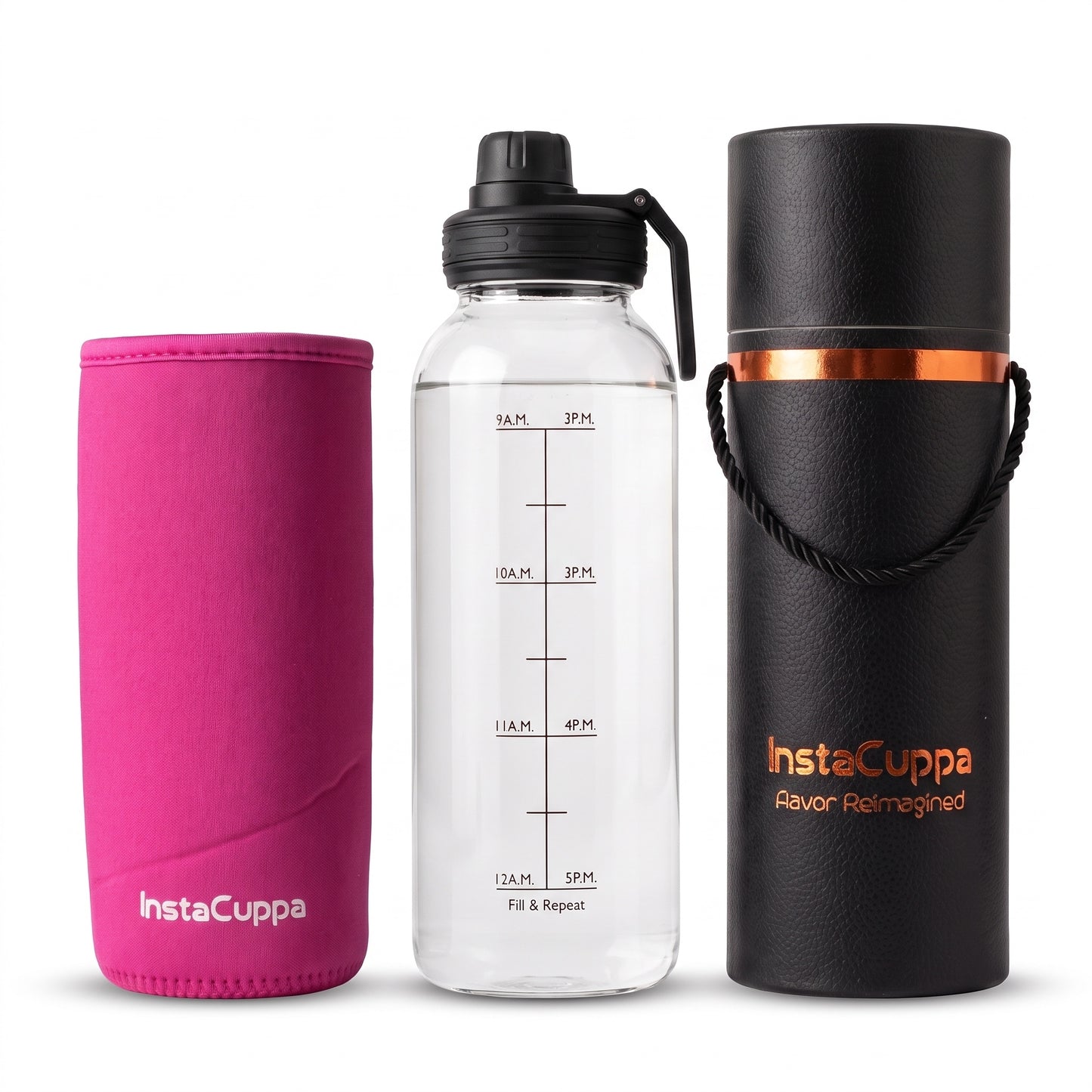InstaCuppa Borosilicate Glass Water Bottle 1 Litre - Pink - sleeve, bottle and gift tube