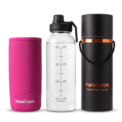 InstaCuppa Borosilicate Glass Water Bottle 1 Litre - Pink - sleeve, bottle and gift tube