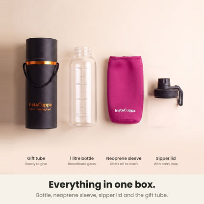 InstaCuppa Borosilicate Glass Water Bottle 1 Litre - Pink - bottle, sleeve, sipper lid and gift tube