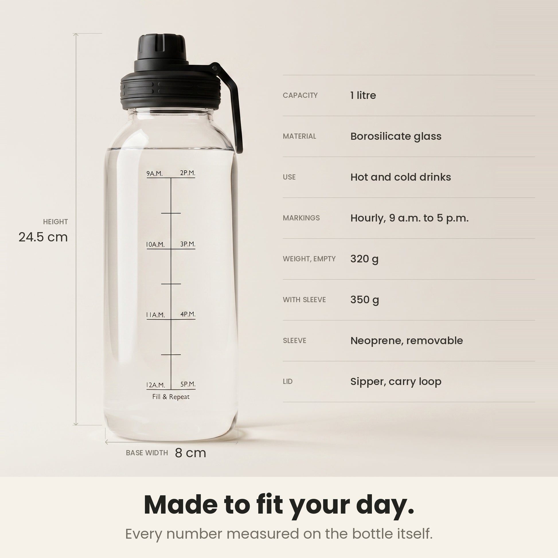 InstaCuppa Borosilicate Glass Water Bottle 1 Litre - Pink - 24.5 cm tall, 8 cm base, 320 g empty